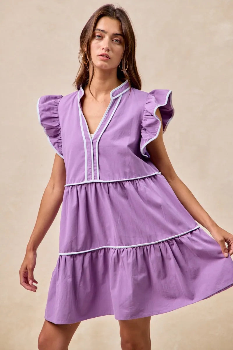 BiBi Purple Game Day Theme Contrast Binding Ruffled Dress PURPLE