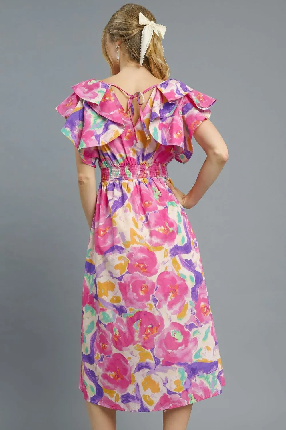 Umgee Pink Watercolor Floral Ruffled Cap Sleeve Midi Dress