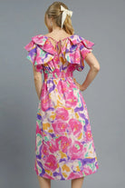 Umgee Pink Watercolor Floral Ruffled Cap Sleeve Midi Dress