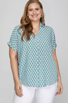 She + Sky Printed Johnny Collar Short Sleeve Blouse