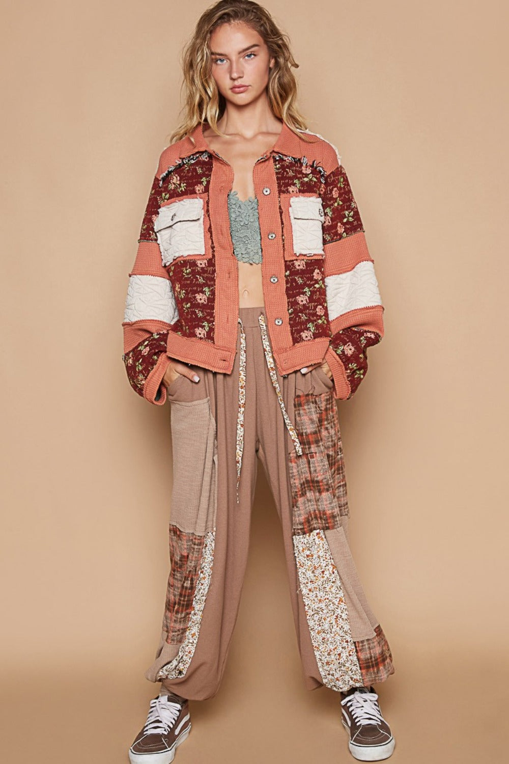 POL Washed Jacquard Color Block Jacket Trendsi