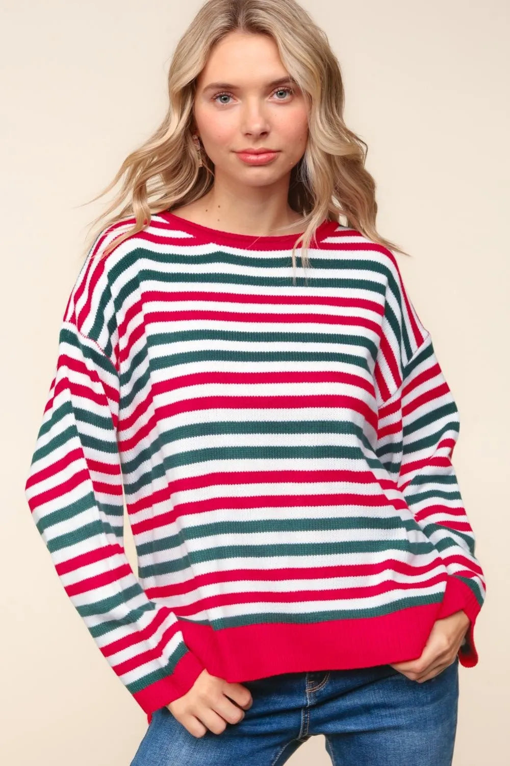 Haptics Full Size Striped Contrast Side Slit Knit Top Red Hunter Green