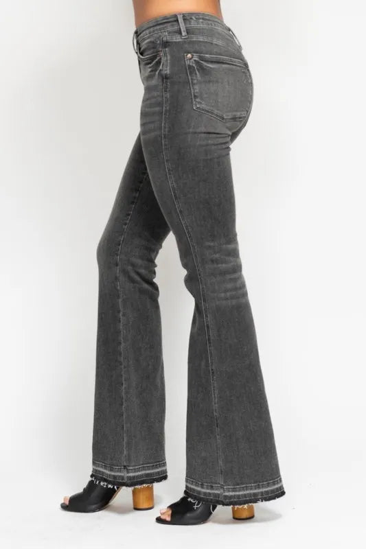 Judy Blue Gray Midi Rise Tummy Control Washed Gray Release Hem Flare Jeans