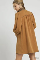 Umgee Brown French Terry Balloon Sleeve Shift Dress with Leopard Print Detail