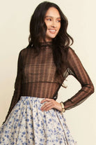 Davi & Dani Black Turtle Neck Lace Dotted Stretch Mesh Sheer Top