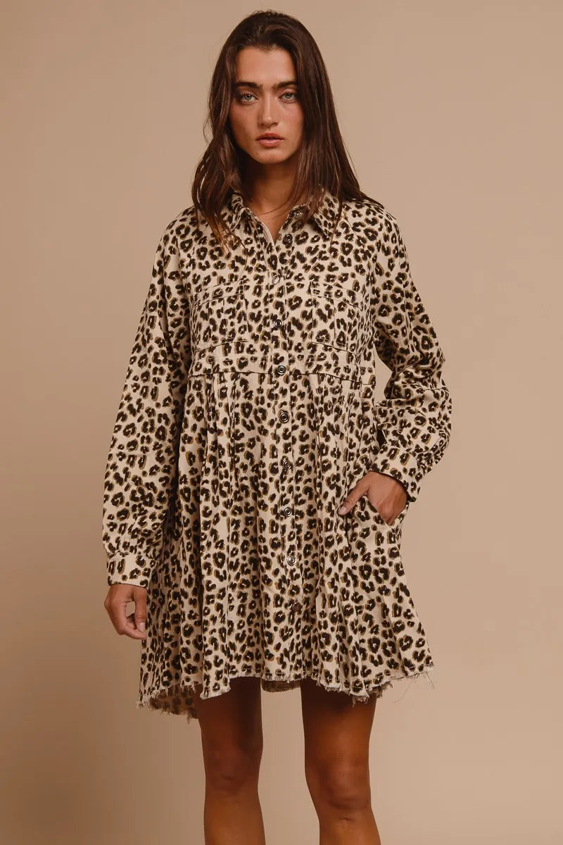 BiBi Oatmeal Washed Denim Button Down Dress with Side Pocket