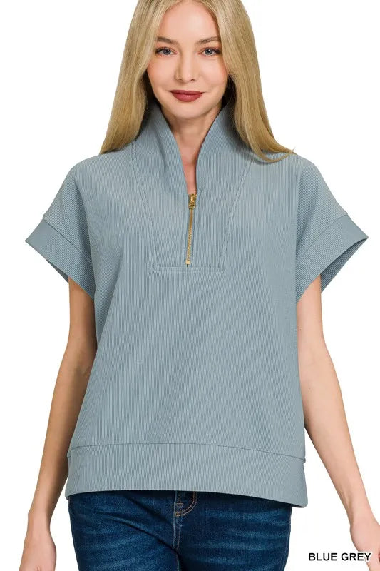 Zenana Blue Grey Ribbed High Neck Half Zip Top BLUE GREY