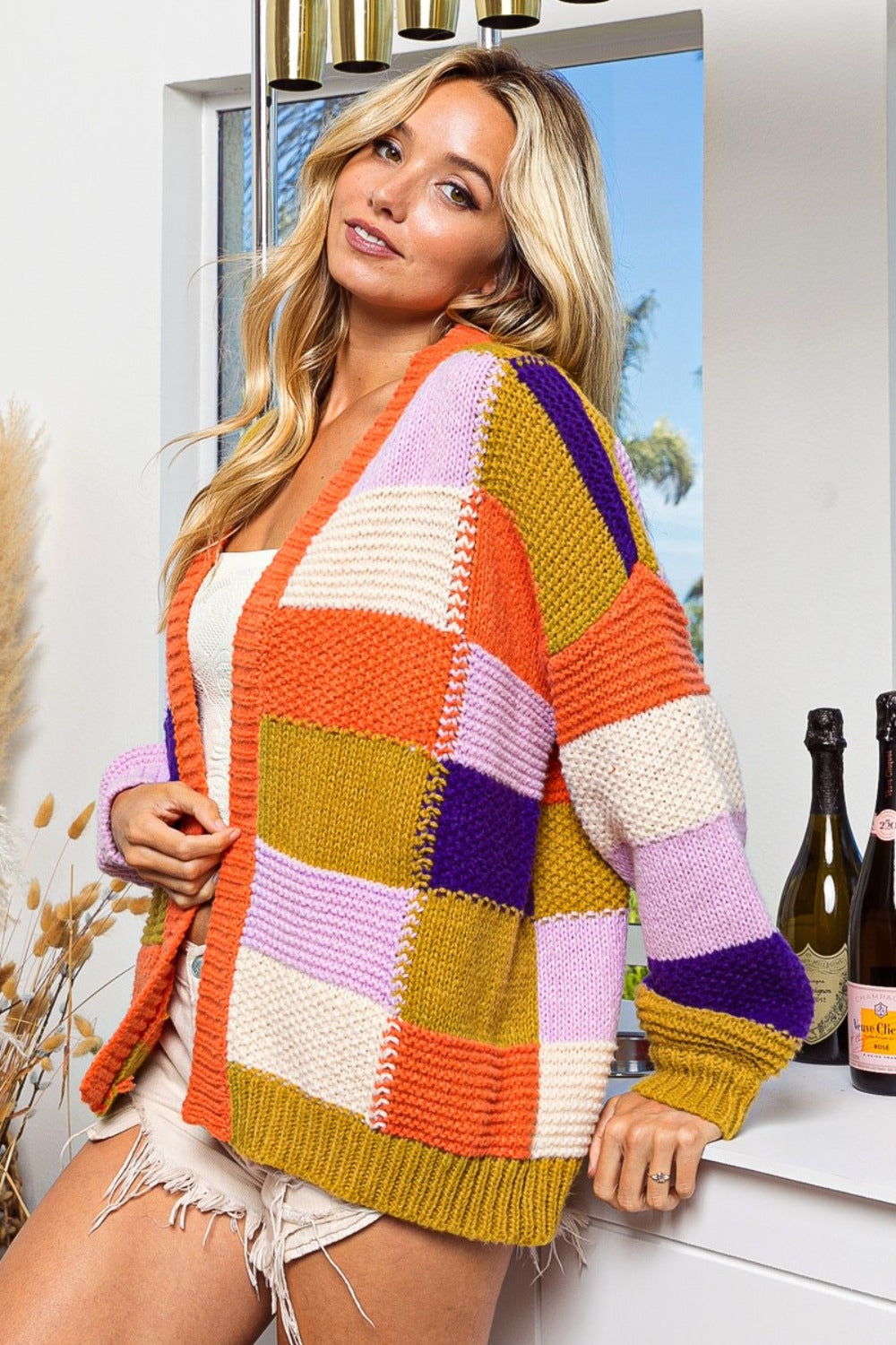 BiBi Orange Combo Checkered Color Block Sweater Cardigan Trendsi