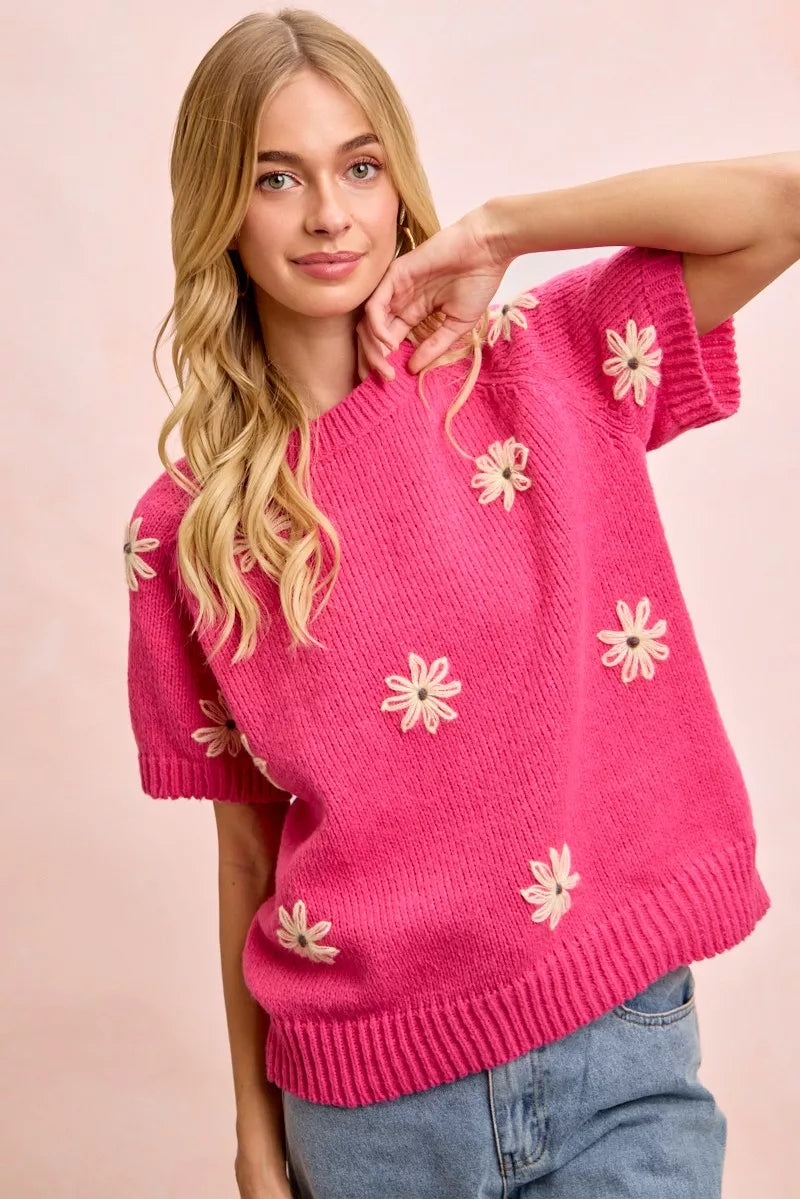 BiBi FuchsiaFlower Embroidered Short Sleeves Knit Top Fuchsia Lemon