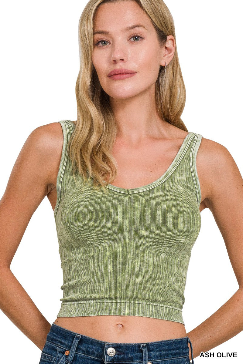 Zenana Ash Olive Washed Ribbed Seamless Cropped V-neck Tank Top ASH OLIVE
