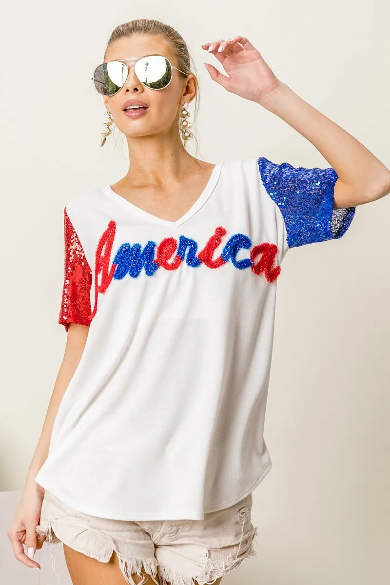BiBi Metallic Letter America V-neck Sequin Sleeves Top