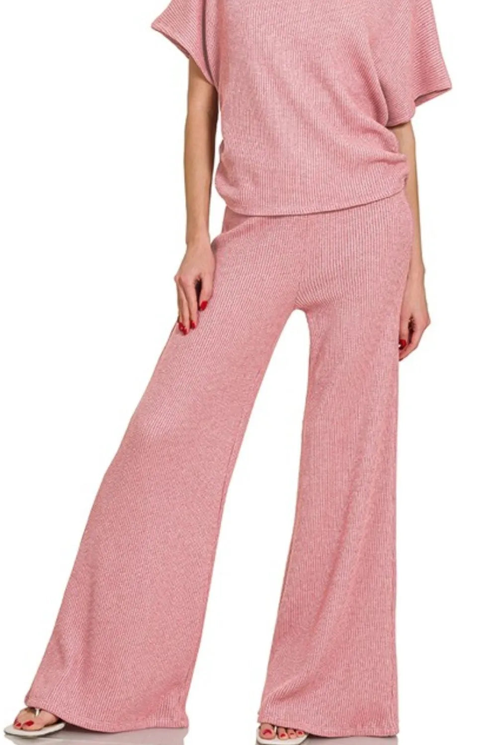 Zenana Light Rose Sweater Mock Neck Top & Long Pants Set