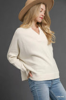 Umgee Cream V-Neck Sweater with Wide Trim Detail