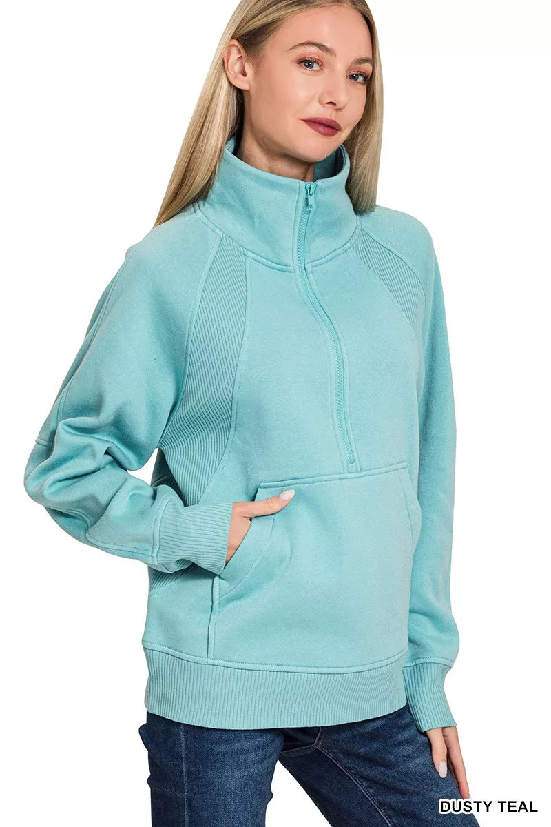 Zenana Dusty Teal Half Zip Fleece Sweatshirt with kangaroo Pocket DUSTY TEAL