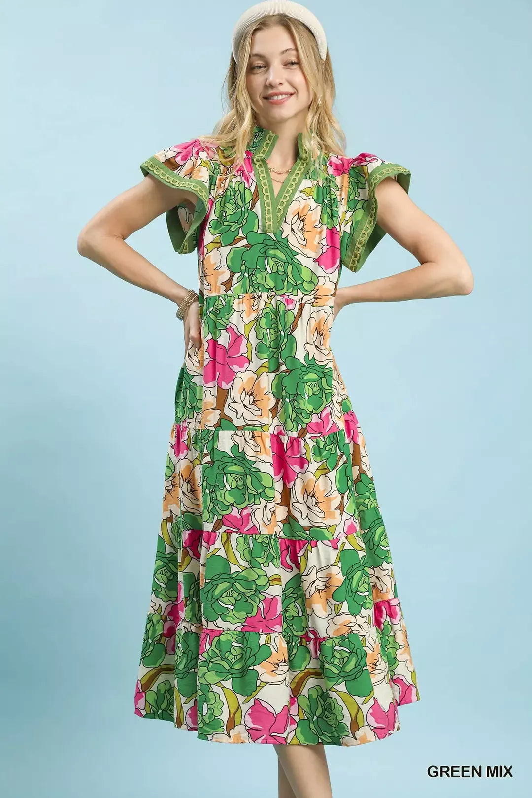 Umgee Green Mix Bold Floral Tiered Midi Dress GREEN MIX