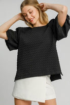 Umgee Black Boxy Cut Jacquard Round Neck Top with Side Slit