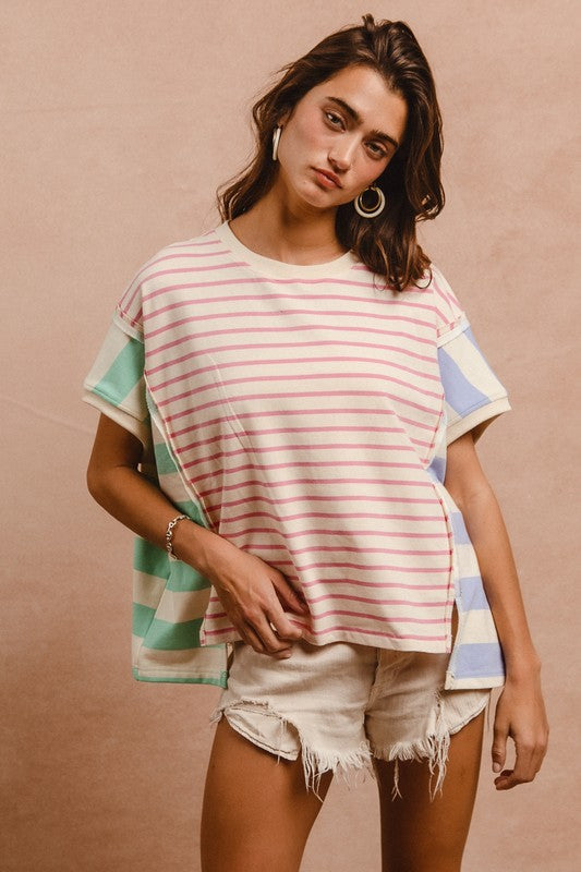 BiBi Pink Multi Slit Exposed Seam Striped Round Neck Short Sleeve T-Shirt