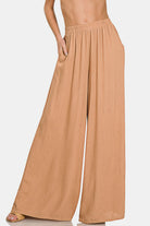 Zenana Pleated Linen Blend Wide Leg Pants in Dark Brush Dk Brush Trendsi