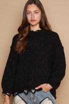 POL Black Weaving Cable Knit Distressed Long Sleeve Sweater Black Trendsi