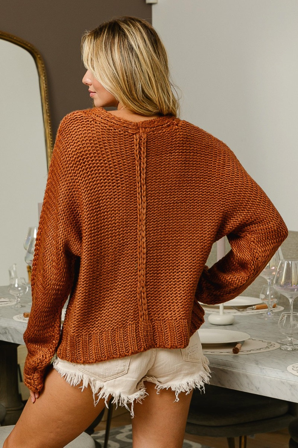 BiBi Cinnamon V-Neck Cable Knit Sweater Trendsi