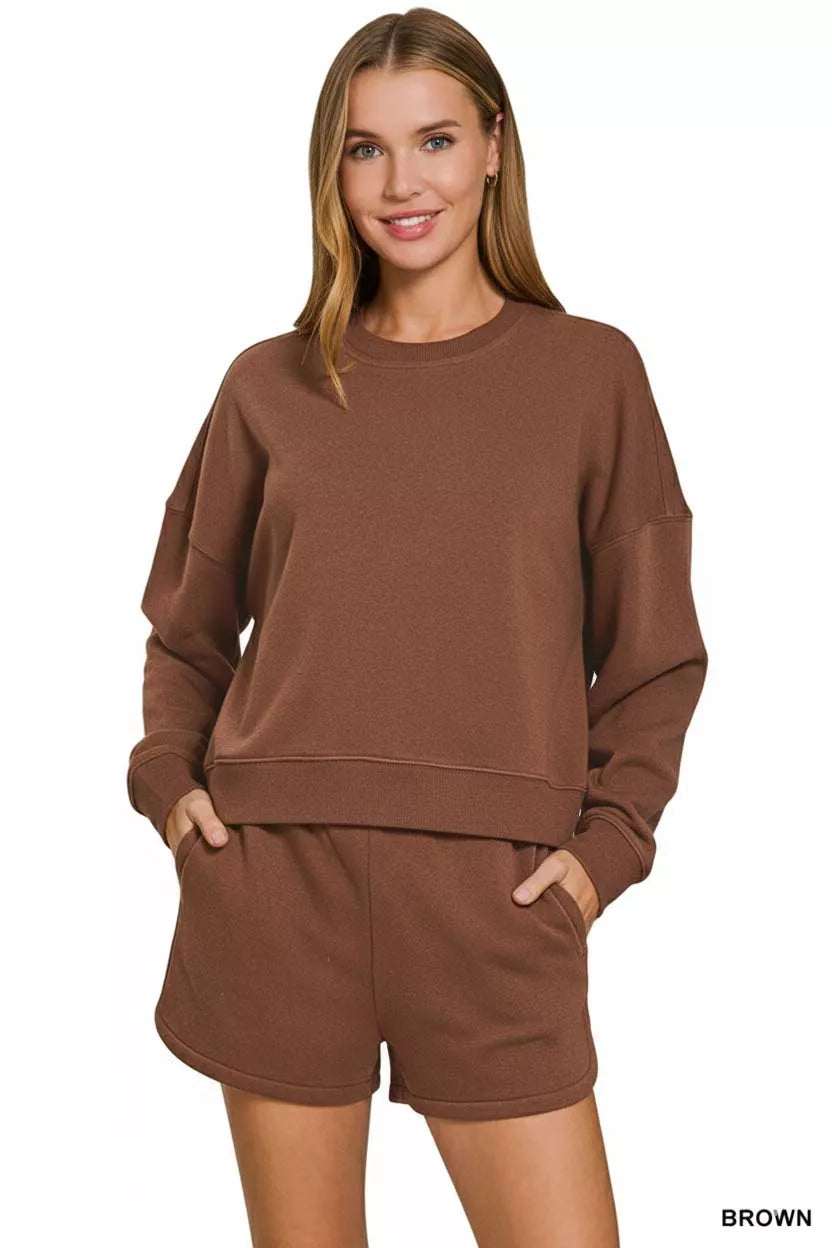 Zenana Brown Fleece Long Sleeve Sweatshirts and Shorts Set
