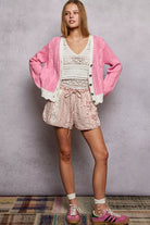 POL Baby Pink Button Down Cable-Knit Cardigan with Contrast Border Accents