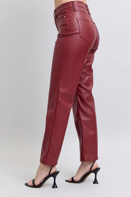 Judy Blue Red High Waist Tummy Control Faux Leather Straight Pants