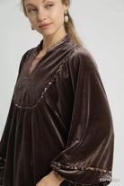 Umgee Espresso Velvet Long Sleeve Blouse with Leopard Contrast Trim