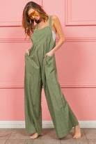 BiBi Dusty Sage Ruched Wide Leg Overalls with Pockets Trendsi
