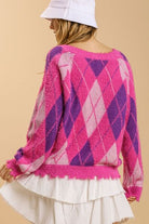 Umgee Hot Pink Argyle Pattern V-Neck Button Front Cardigan