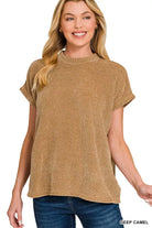 Zenana Deep Camel Chenille Waffle Cap Sleeve Sweater DEEP CAMEL