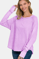 Zenana Lavender Washed Round Neck Thumbhole Long Sleeve Top Shirts & Tops