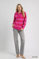 Umgee Hot Pink Floral Patterned Jacquard Quarter-Zip Pullover Sweater
