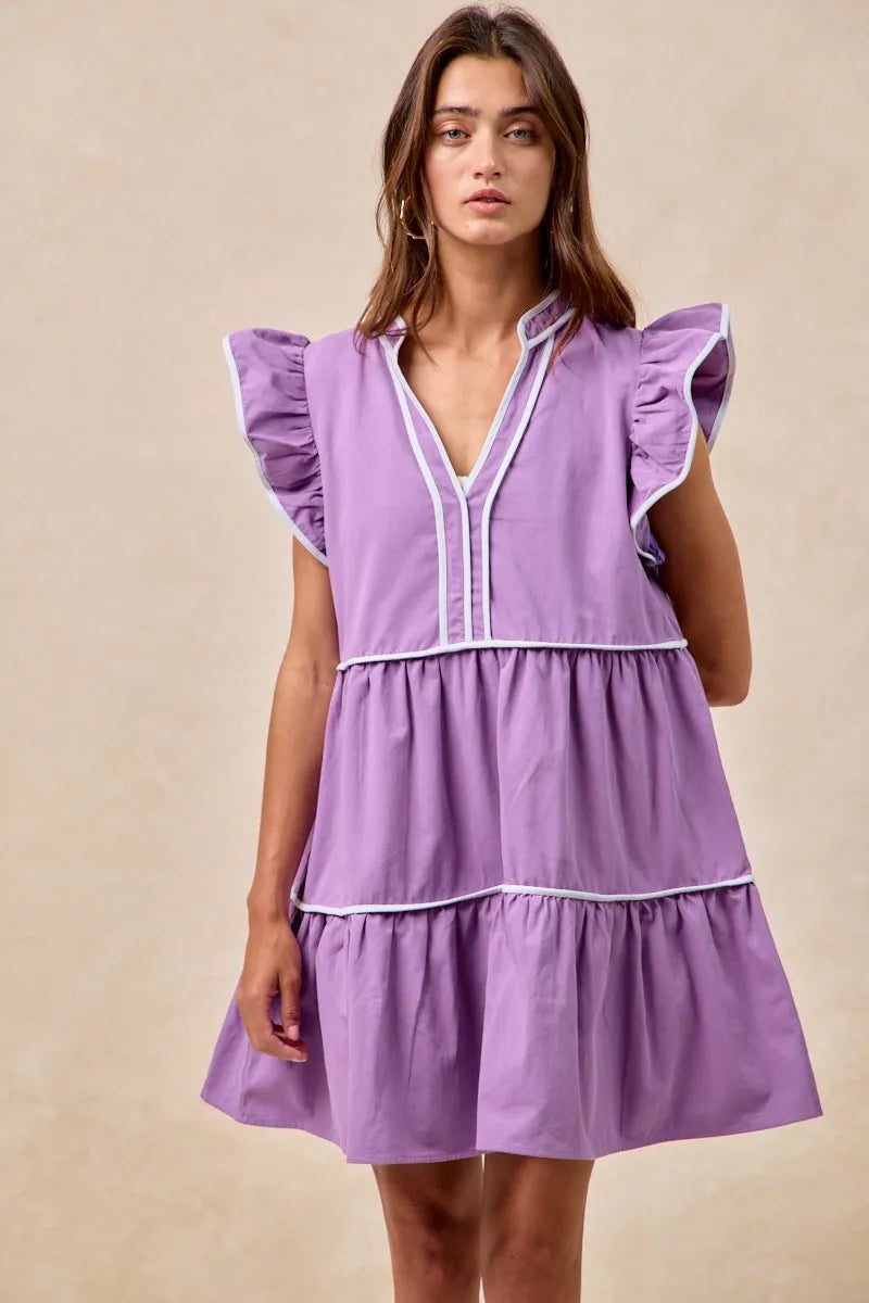 BiBi Purple Game Day Theme Contrast Binding Ruffled Dress