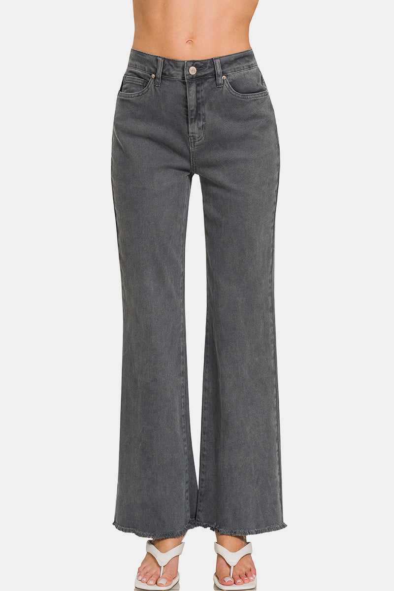 Zenana Dark Gray Acid Washed Frayed Hem Bootcut Jeans Jeans