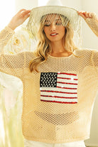 BiBi Oatmeal Sequin American Flag Patch Open Knit Cover Up OATMEAL