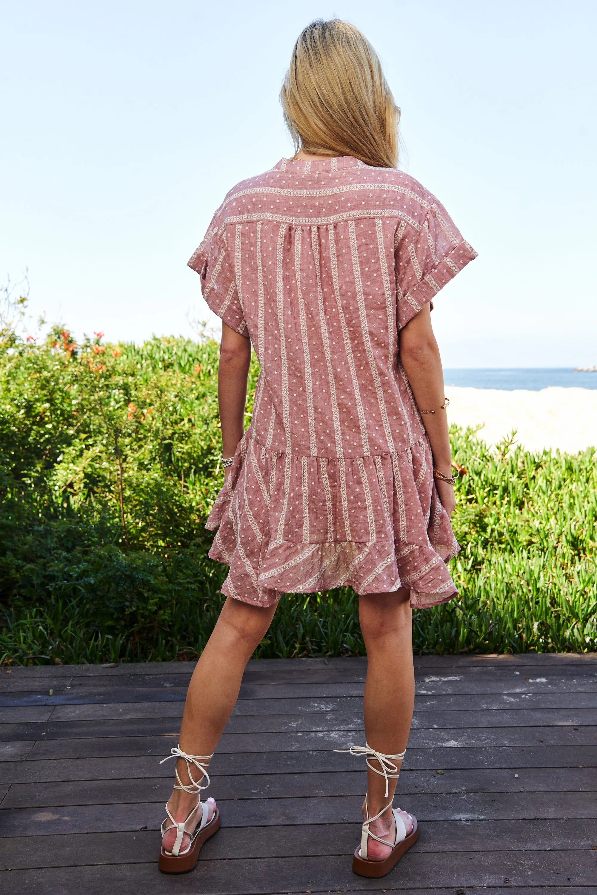Davi & Dani Embroidery V Neck Short Sleeve Ruffled French Mauve Mini Dress