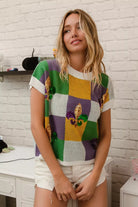 BiBi Sequin Embroidery Mardi Gras Checker Sweater Top