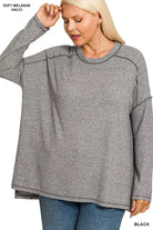 Zenana Black Melange Hacci Exposed Seam Hi-low Tee