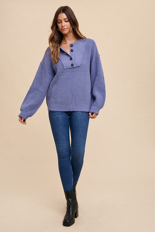 Annie Wear Light Indigo Half Button Ribbed Hem Sweater