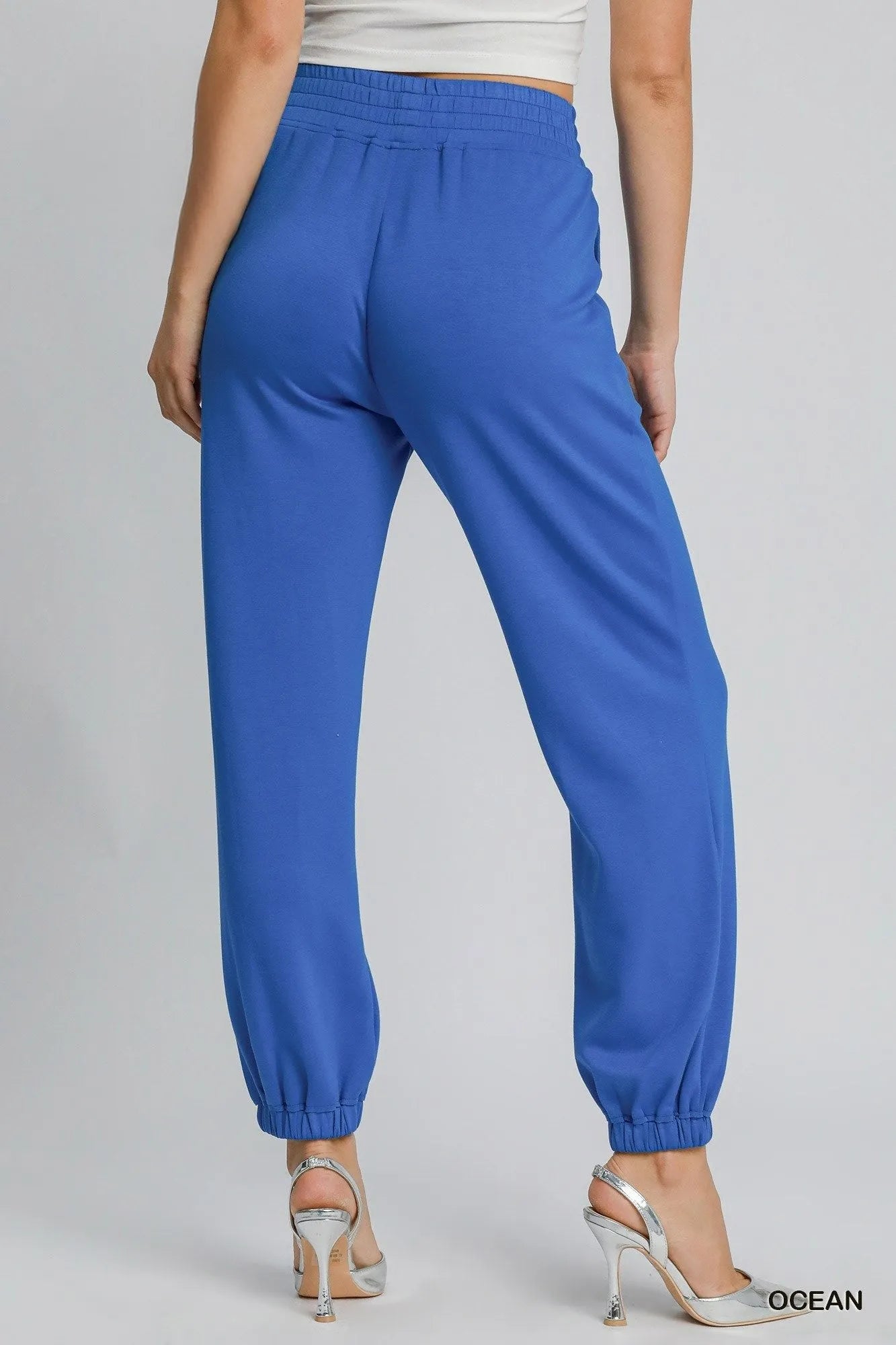 Umgee Drawstring Jogger Pants with Front Seam Detail in Ocean
