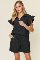 Double Take Quilted Textured Flounce Sleeve Top and Drawstring Shorts Set Black Loungewear