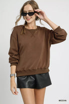 Umgee Mocha Round Neck Long Sleeve Fleece Sweatshirt Mocha