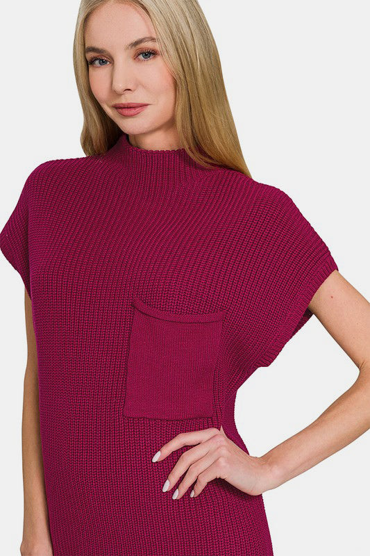 Zenana Cabernet Mock Neck Short Sleeve Sweater Dress