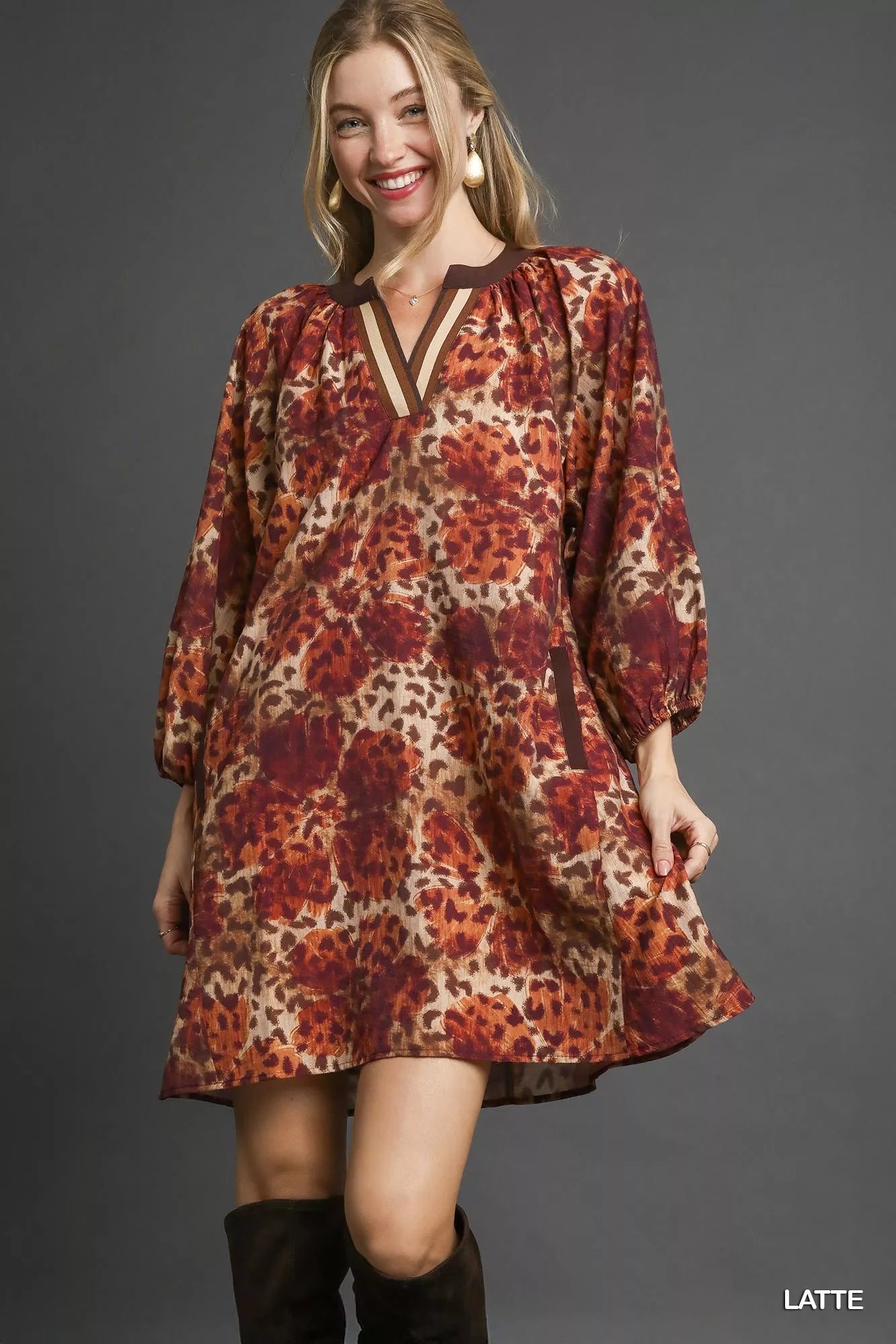 Umgee Latte Animal Print Boho Tunic Dress with Contrast Trim Detail LATTE