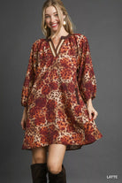 Umgee Latte Animal Print Boho Tunic Dress with Contrast Trim Detail LATTE