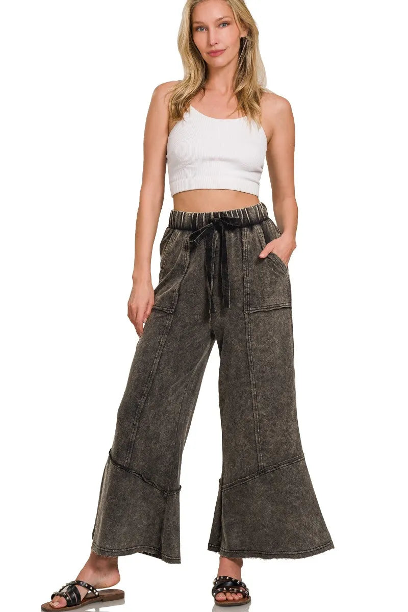 Zenana Ash Black Exposed-seam Flare Hem Pants With Pockets