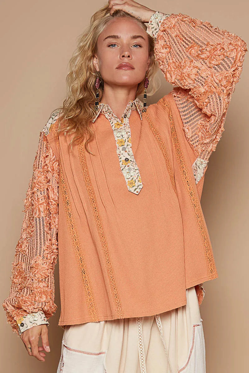 POL Vintage Washed Floral Half Button Lace Detail Balloon Sleeve Top