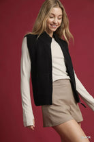 Umgee Black Zip-Up Sweater Vest with Ribbed Trim