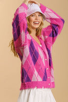 Umgee Hot Pink Argyle Pattern V-Neck Button Front Cardigan